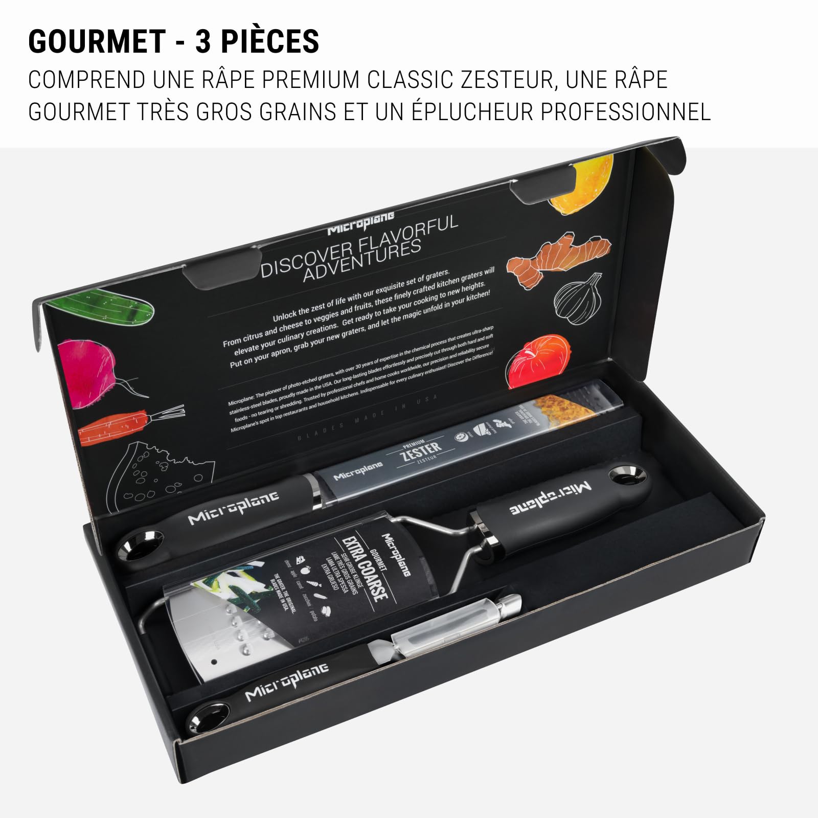 Microplane Coffret Cadeau Gourmet 3 pièces Râpe Zesteur Premium Classic, Râpe Très Gros Grains&Éplucheur Professionnel, Lames Inox Ultra-Tranchantes, Ustensiles de Cuisine Haut de Gamme Ergonomiques