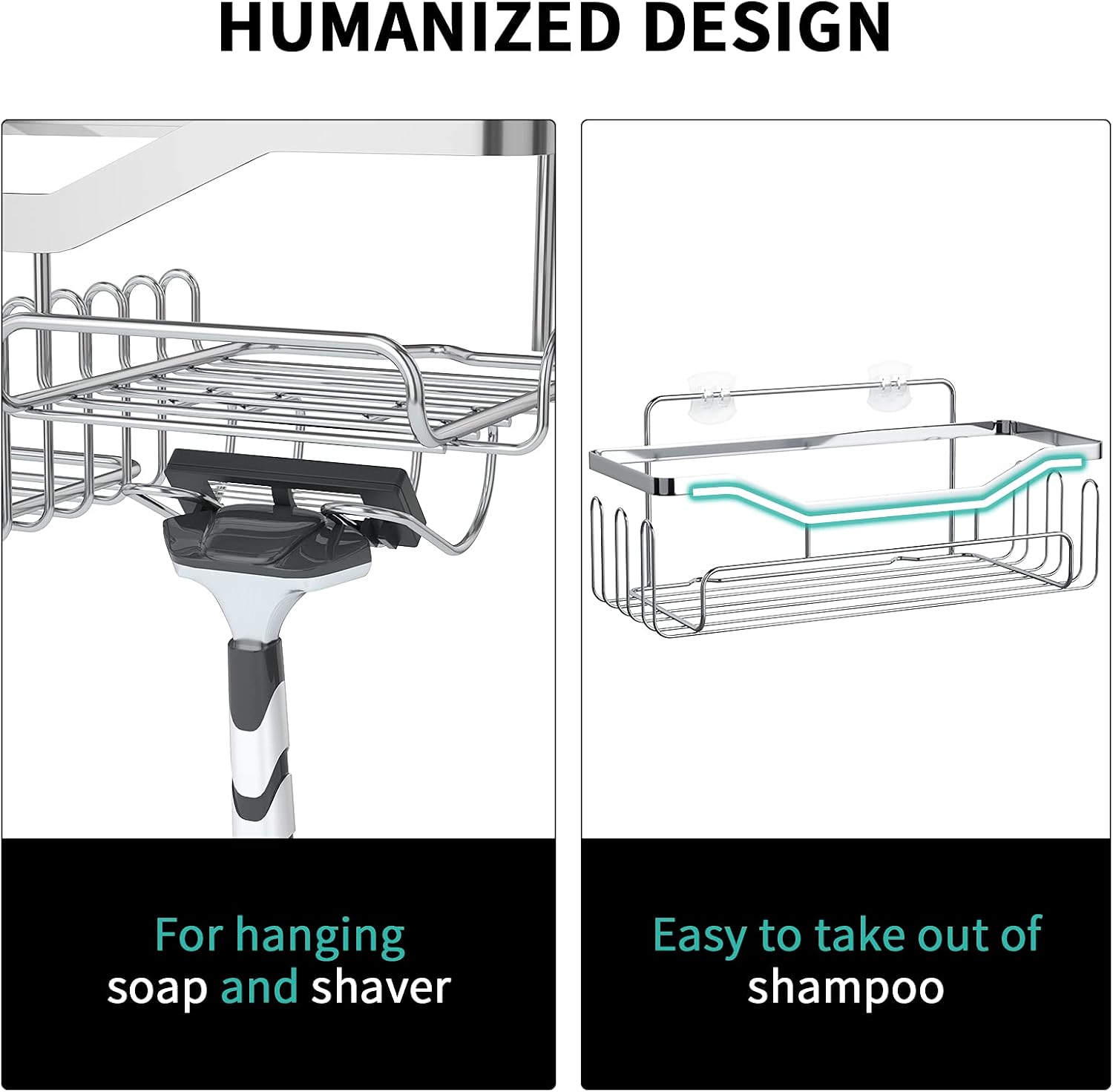 HapiRm Shower Caddy Shower Organizer with Shampoo Holder, 2-Pack Rustproof Shower Storage Shelf with 11 Hooks, No Drilling Adhesive Basket Shelves for Bathroom,Kitchen,Laundry.(Silver)