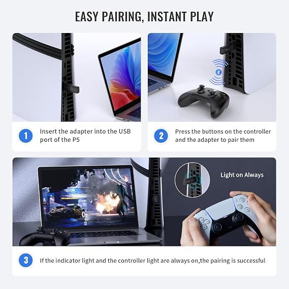 JDDWIN PS5 Bluetooth Wireless Controller Adapter, USB Converter Compatible with PS4/PS5 Elite/Switch Pro/Xbox One X|S/Xbox Series X|S/Elite Series 2 Controller,Play on P5/Pro/Slim/PC/Steam Deck