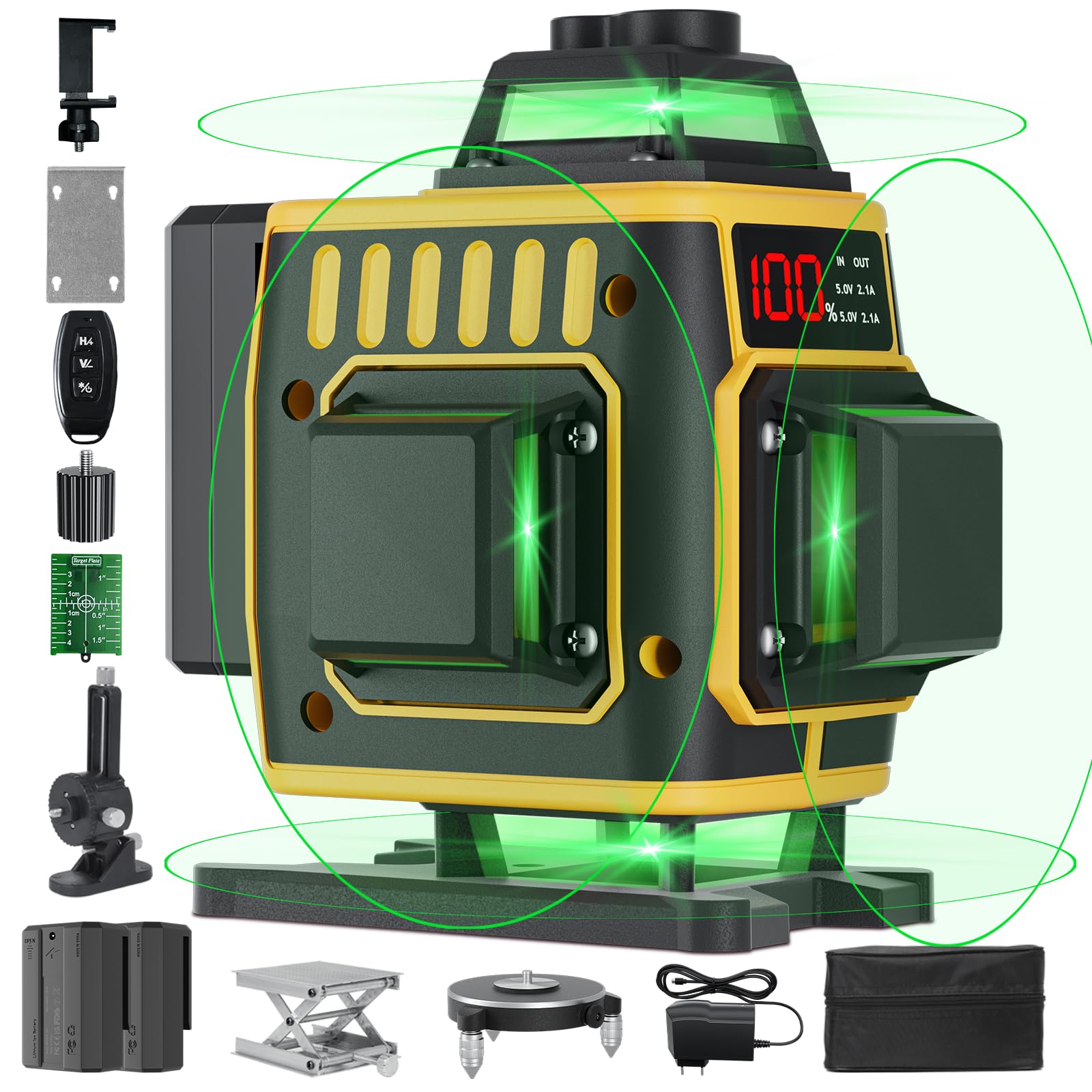 Nivel láser de Autonivelante 4x360°,4D 16 líneas Nivel Laser Cruzadas de Haz Verde,Láser Level Con Indicador de Potencia Horizontal/Vertical con 2x batería, Soporte Magnético, ajuste de brillo,remoto