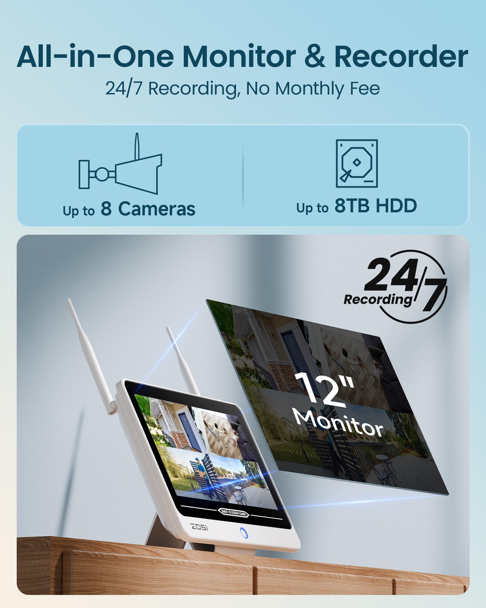ZOSI 2K Wi-Fi 6 Überwachungskamera Set Aussen mit 12" Monitor NVR, 500GB HDD, 4X 3MP WLAN Kamera mit 2 Wege Audio, KI Personenerkennung, Farbnachtsicht