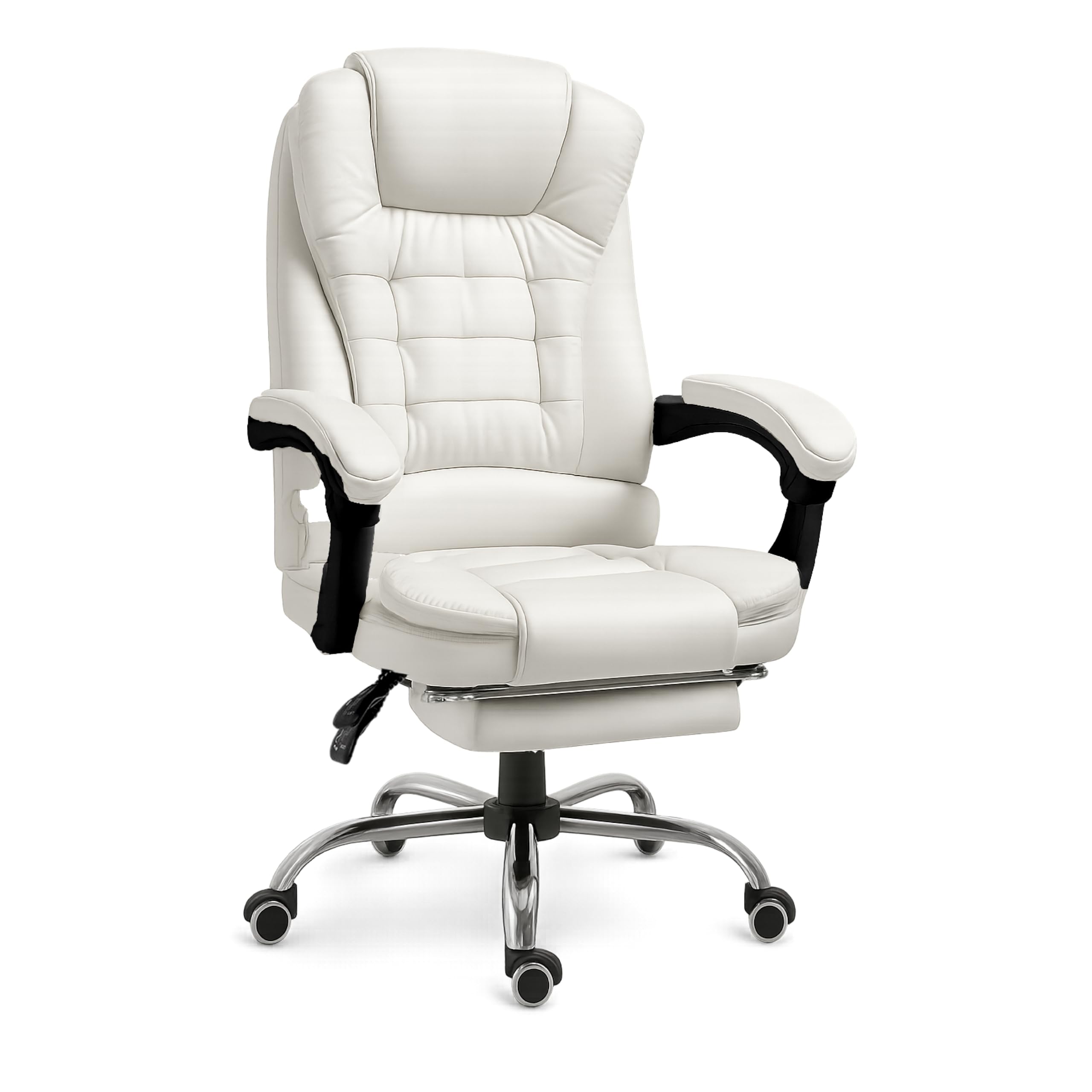 RMF Professional Ergonomic Reclining Office Chair, Comfortable and Relaxing Desk Chair with Footrest - Lounge Armchair with Swivel Wheels Adjustable Height White