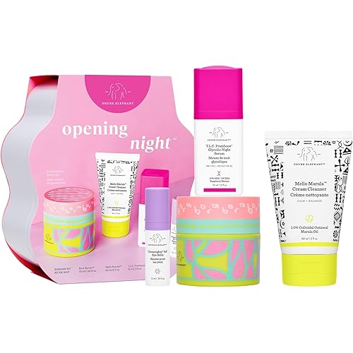 Drunk Elephant Opening Night Kit - Bora Barrier Cream (50ml/1.69 fl oz), Mello Marula Cream Cleanser (60ml/2 fl oz), TLC Framboos Glycolic Night Serum (15ml/.5 oz), Ceramighty Cream (5ml/.16 fl oz)