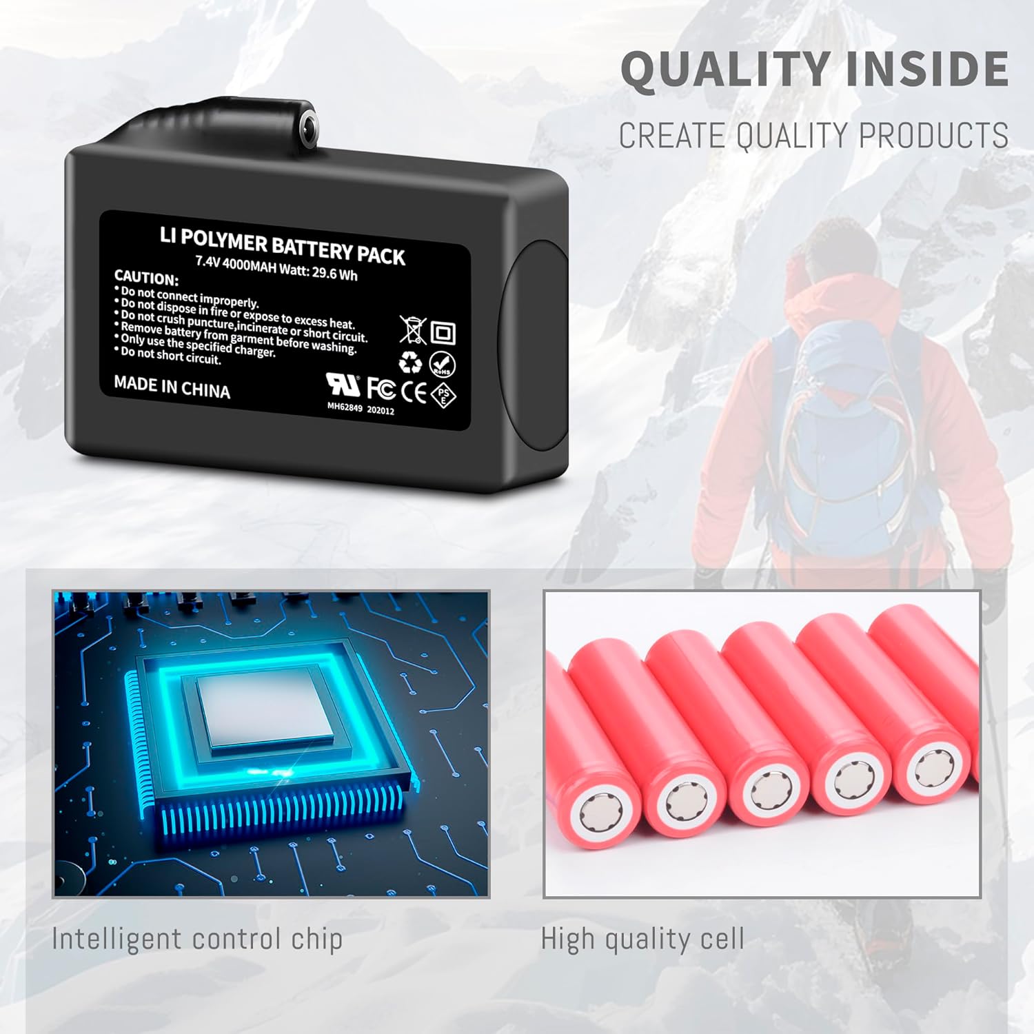 4000mAh 2Pack Lithium-ion Battery Pack for Heated Gloves, Socks, Hats, Mittens, Vest, Jacket, Hand Muff, Boots, Hat, Knee Braces Suit, for Most Winter Garments 7.4V Battery with Charger Power - Image 5