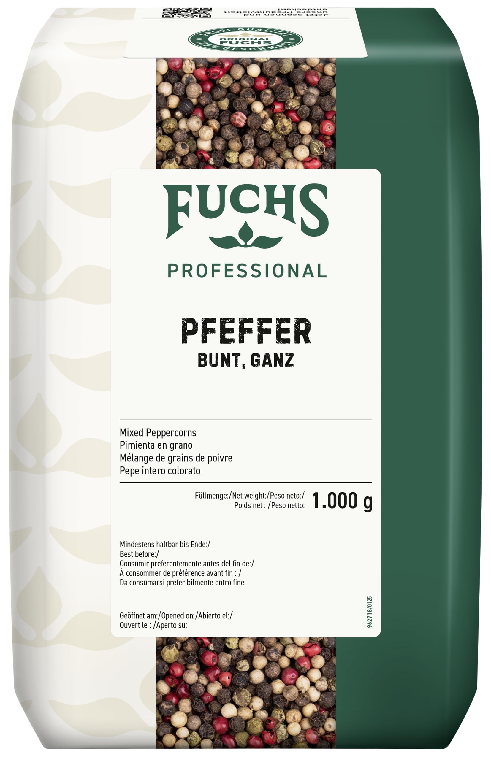 Fuchs Professional - Bunter Pfeffer ganz | Ungemahlenes Universalgewürz, zum Nachfüllen von Pfeffermühlen | Profi-Qualität für Großverbraucher und Gastronomie | 1 kg im recyclebaren Beutel