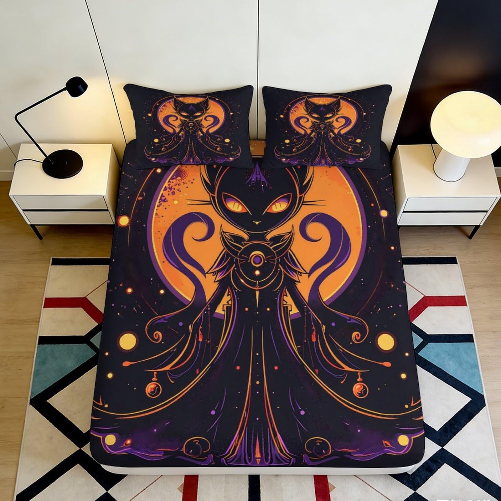 3D Printed Mystic Cat Fitted Sheet Microfiber Soft Black Orange Moon Art Bed Cover for Bedroom Guest Room Décor 180x200x25cm