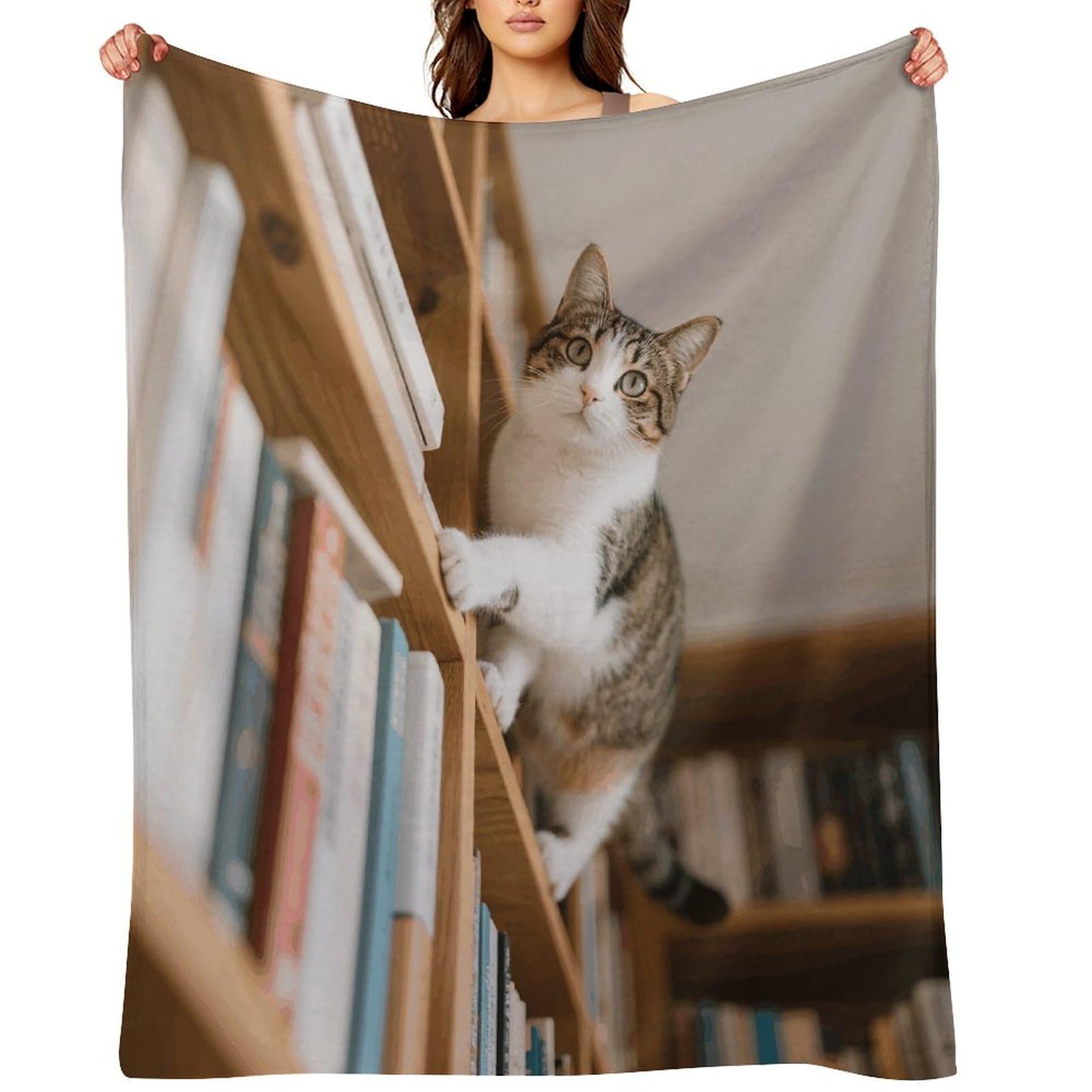 Cat on The Bookshelf Blankets Exquisite Luxury Flannel Throw Blanket Anti-Fading Thick Blanket for Sofa&Bed Blankets Ultra-Soft Bath Towels for Adult 40"x50"