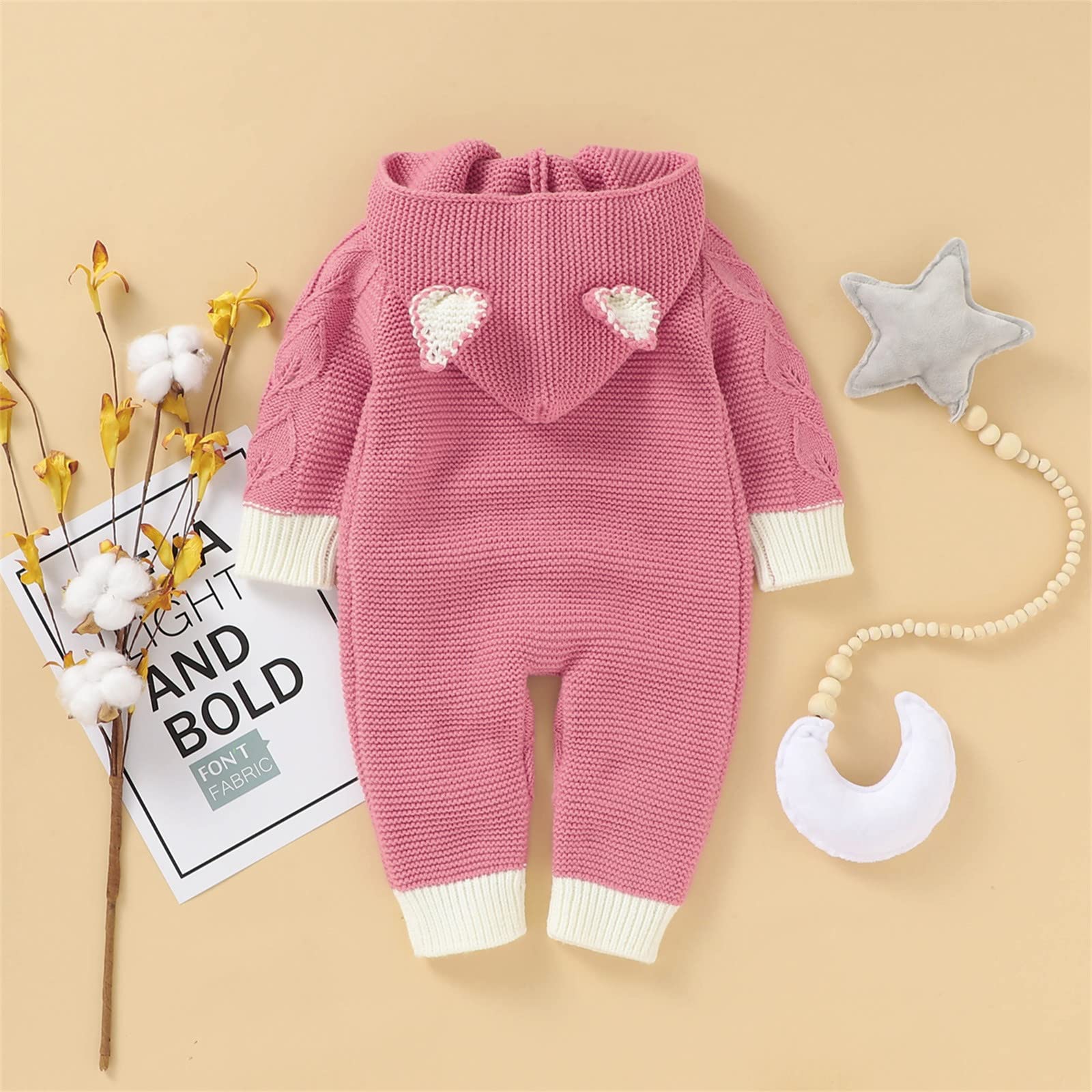 RNTOP Infant Baby Girl Boy Cable Knit Sweater Romper Hooded Jumpsuit Long Sleeve Sweaters Bodysuit (Pink, 18-24 Months)