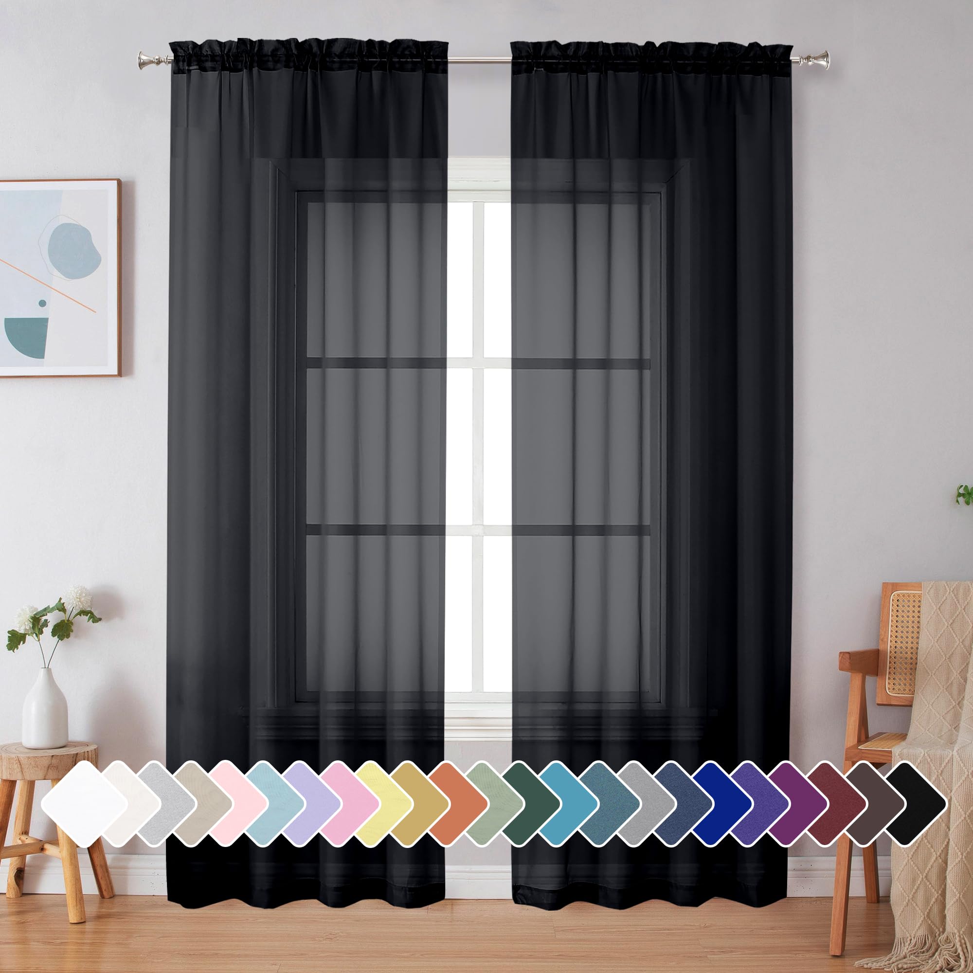 Simplebrand Black Sheer Curtains 90 Inches Long 2 Panels for Living Room