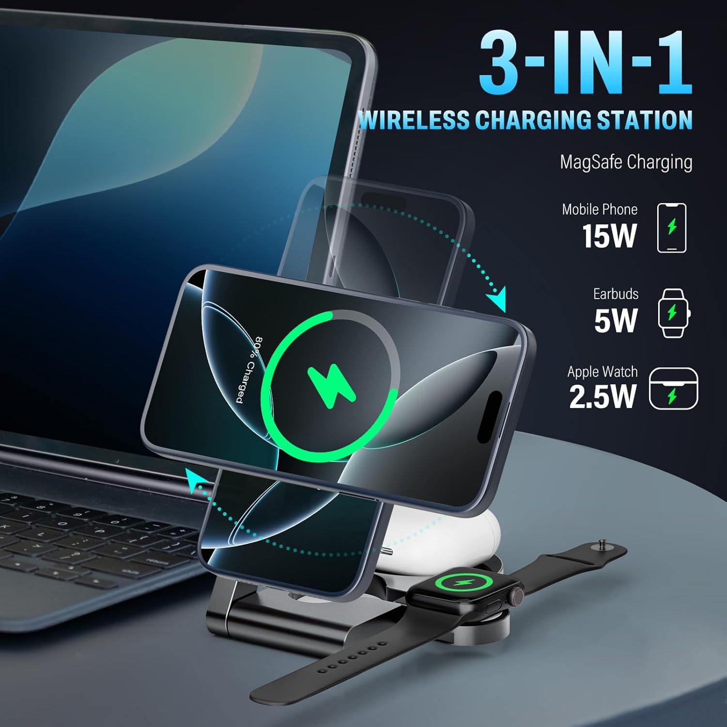 2026 3 in 1 Wireless Charging Station Mag-Safe Fast Charging Station for Apple MagSafe Charger, with USB C Charger, Foldable Charging Magnetic Wireless Charger Stand, Space Aluminum Travel Charger