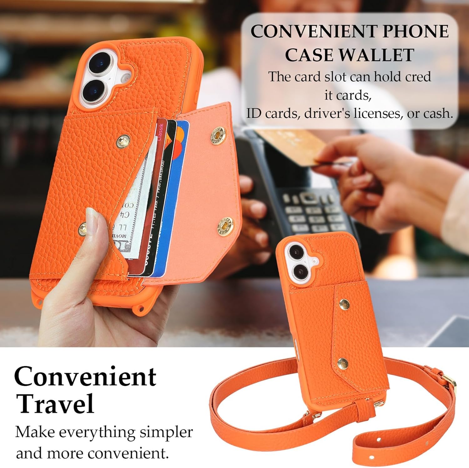 Jaorty Genuine Leather Wallet Case for iPhone 16, Necklace Lanyard Case Cover with Card Holder & Cash Pocket for Women Girls,Magnetic Snap,Anti-Lost Shoulber Strap 6.3 inch,Orange