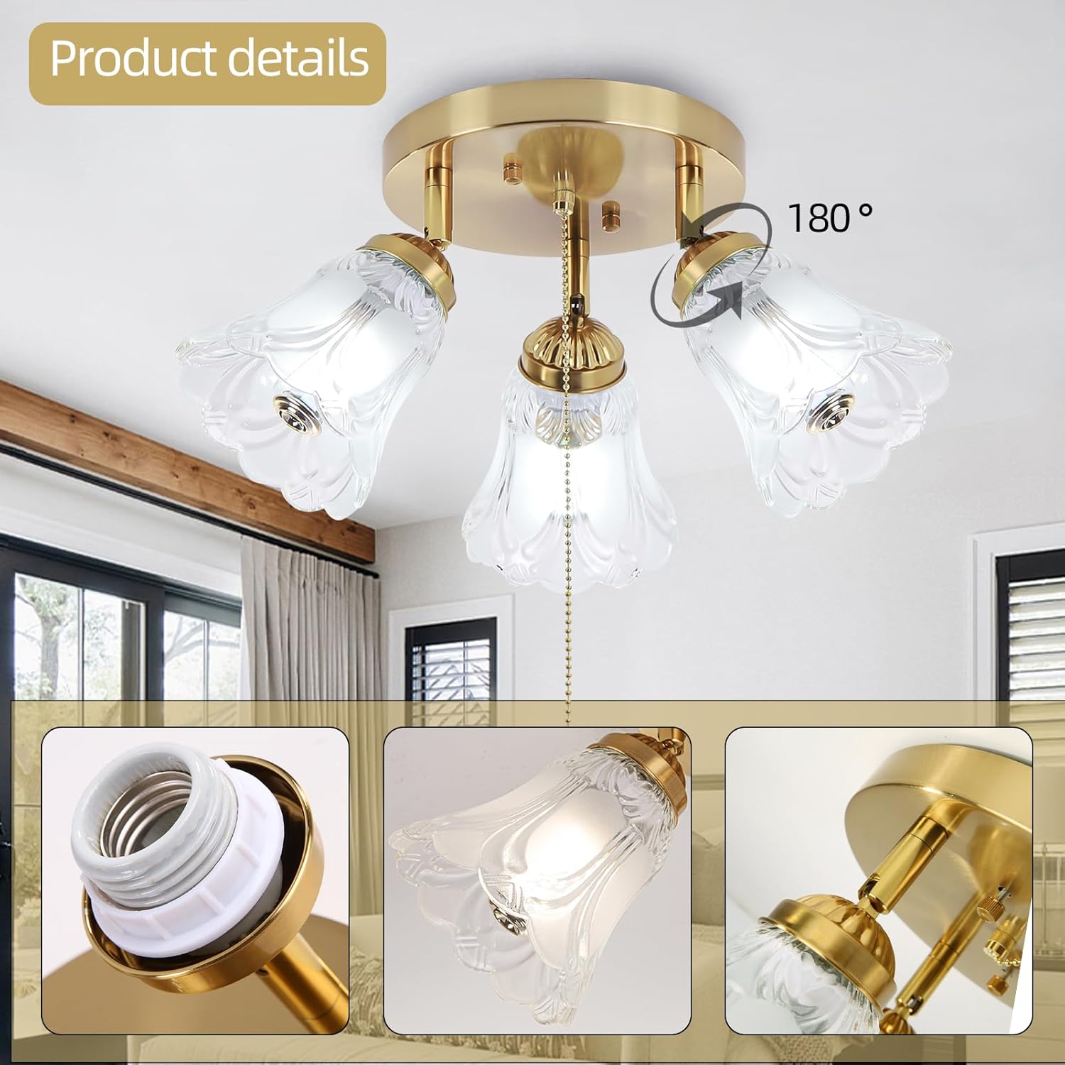 3-Light Flush Mount Ceiling Light with Pull Chain Clear and Frosted Glass Low Profile Lighting Fixtures for Kitchen Living Room Dining Room Closet (Brass)