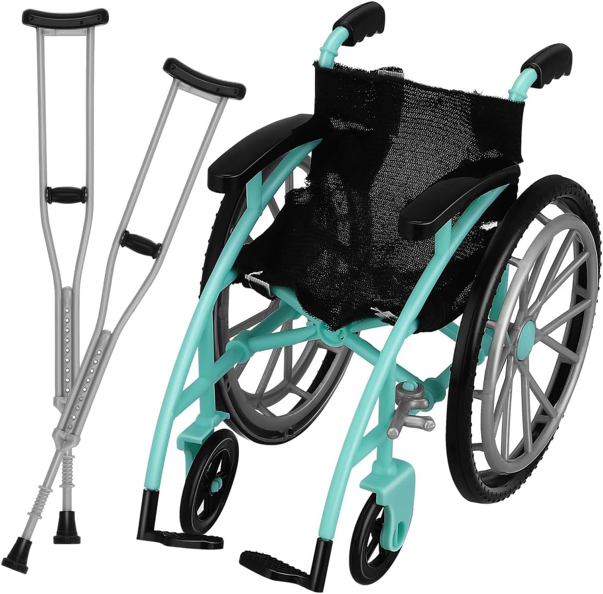 Angoily Mini Wheelchair, 1:12 Scale Mini Crutch, 6" Foldable Miniature Dollhouse Accessories, Realistic Mobility Model Furniture, Green Plastic Toy Set for 6 Inch Dolls, Dollhouse Collectible Scene