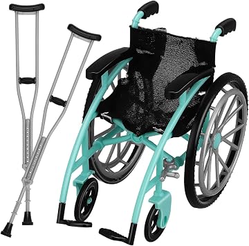 Angoily Mini Wheelchair, 112 Scale Mini Crutch, 6" Foldable Miniature Dollhouse Accessories, Realistic Mobility Model Furniture, Green Plastic Toy Set for 6 Inch Dolls, Dollhouse Collectible Scene