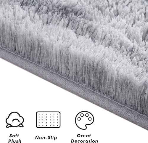 Miniatura 6 de Softlife Alfombra de área para dormitorio, alfombra mullida de felpa teñida con lazo gris arco iris para sala de estar, para niñas, alfombra lanuda
