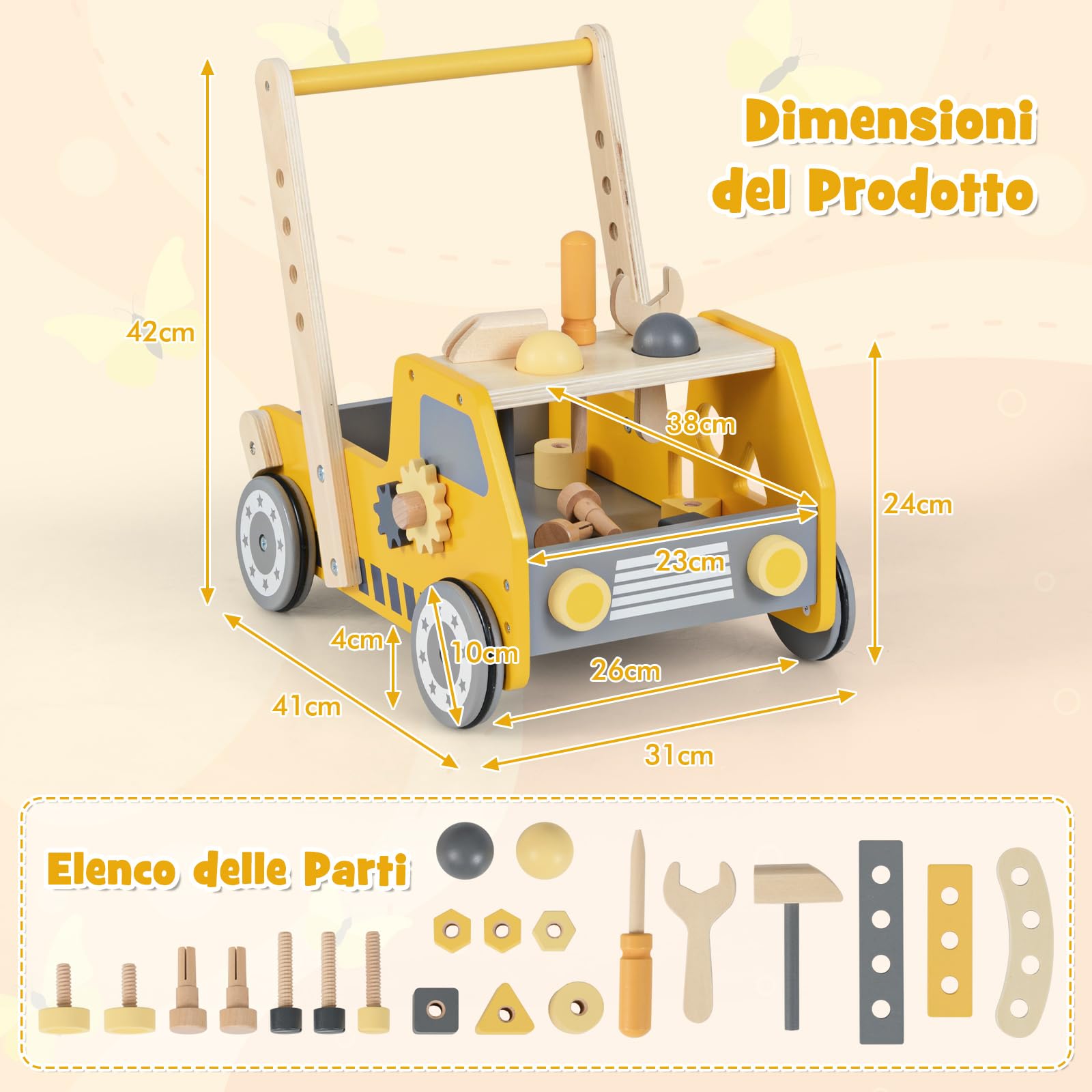 COSTWAY 2-in-1 Primi Passi per Bambini con Altezza Regolabile, Girello in Legno con Banco da Lavoro, Carrello da Spinta con Giocattoli Montessori, Velocità Regolabile, Spazio di Archiviazione