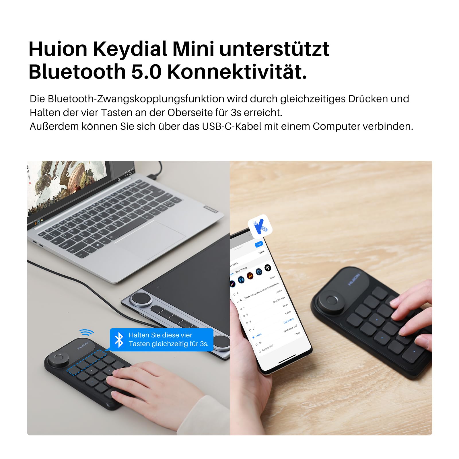 HUION Bluetooth 5.0 Keydial Mini K20, KD100 2.0 Kabellose Tastatur mit Dial Controller + 18 Benutzerdefinierten Tastaturen für Stift-Display, Tragbare Tastatur für Zeichentablett, PC, Laptop, Mac