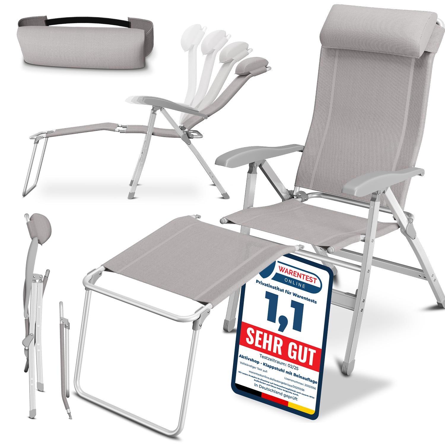 ELONEO Campingstuhl faltbar mit Abnehmbarer Beinauflage, Klappstuhl aus Aluminium, Gartenstuhl klappbar, Liegestuhl mit Verstellbarer Rückenlehne, Camping Chair Taupe