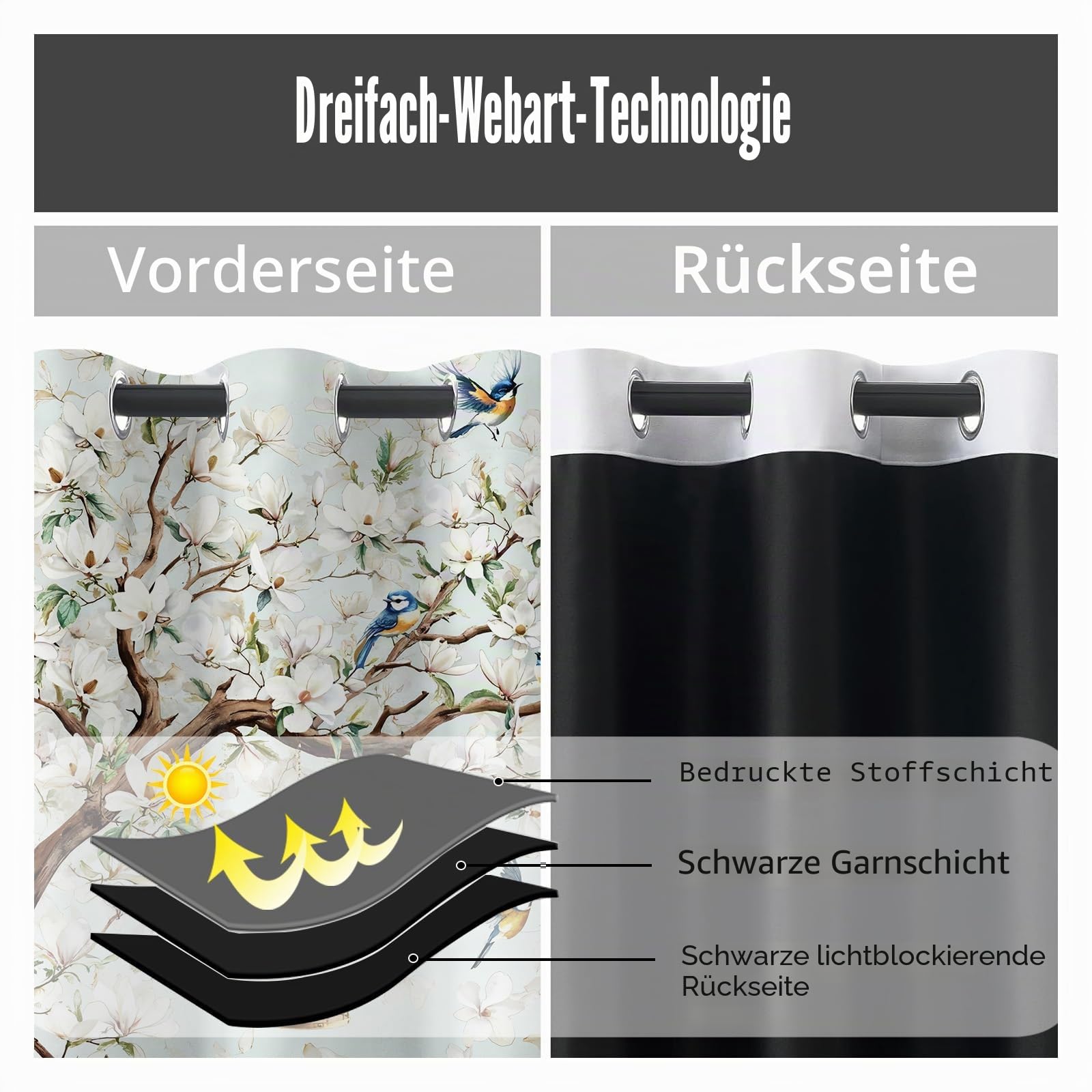 Blumen Vogel Vorhange Blickdicht 2er Set, Magnolie Floral Baum