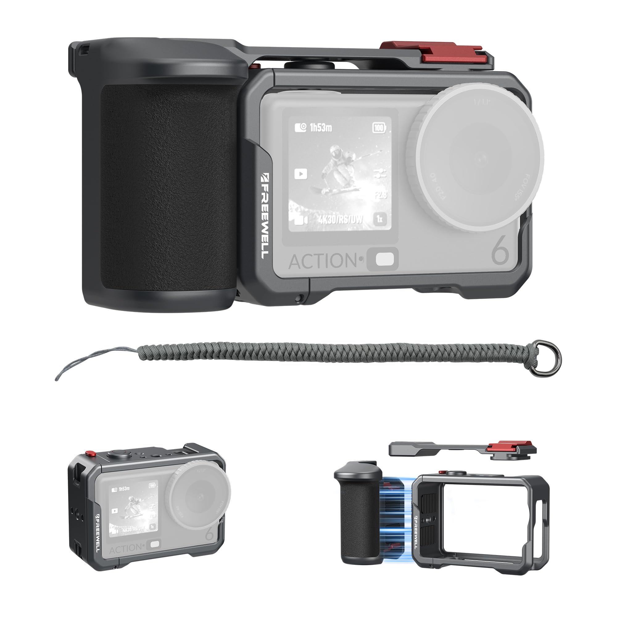 Freewell Creator Pro Cage pour DJI Osmo Action 6 avec poignée Xplorer | Quick Connect Mount, Cold Shoe, 0,25"-20 Thread + ALAI Trou de positionnement, Antichoc Aluminium Rig Kit