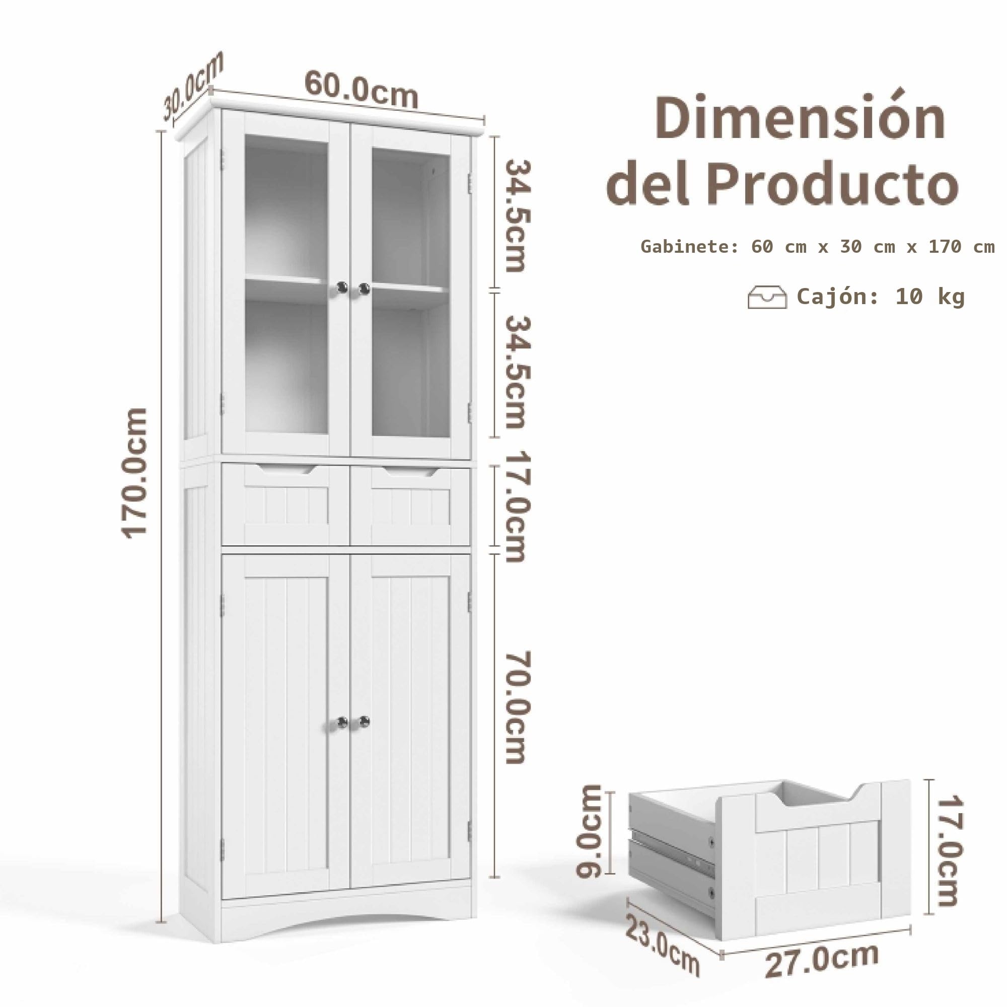 Xbro 170cm Alacena de Cocina, Mueble Despensa con 4 Armarios y 2 Cajones, Armario con Diseño Antivuelco, Alacena de Madera para Cocina, Salón y Comedor (Blanco)