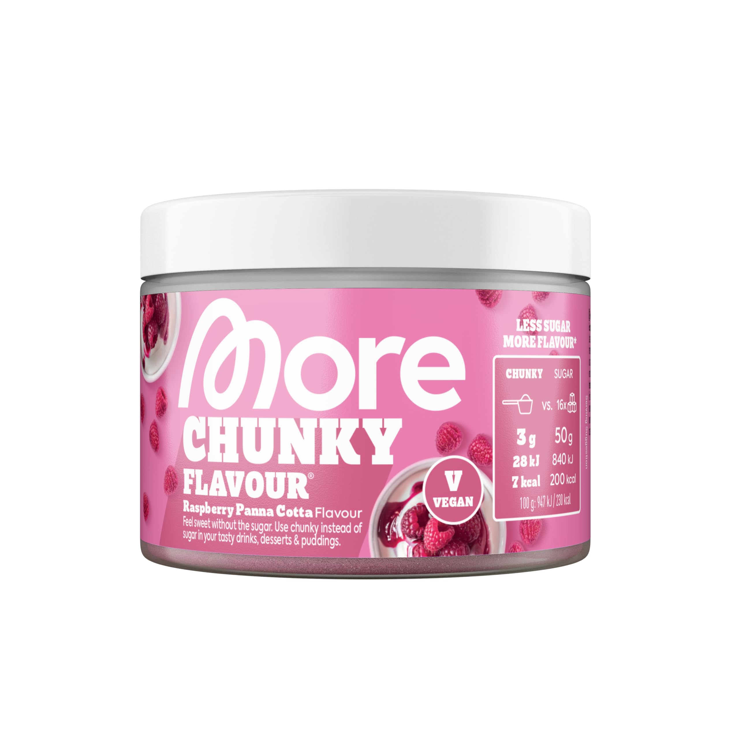 MORE Chunky Flavour, Raspberry Panna Cotta, 150 g, flavour powder for sweetening, low in sugar and calories, with inulin and lactase – made in Germany