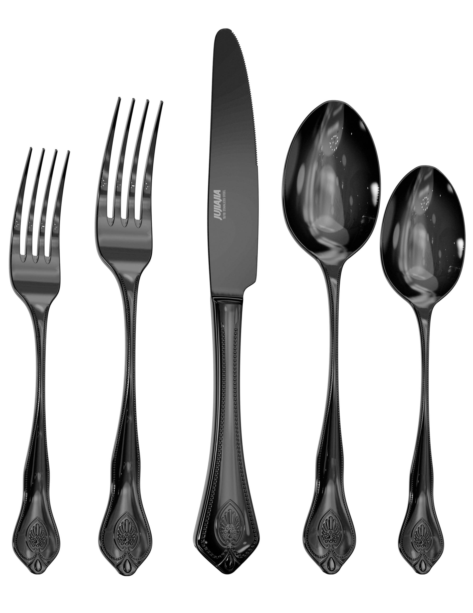 Beaded Edge 20-Piece Black Silverware Set, Mirror Polished Premium Stainless-Steel Deluxe Flatware Set Service for 4, Include Knife Fork Spoon, Dishwasher Safe