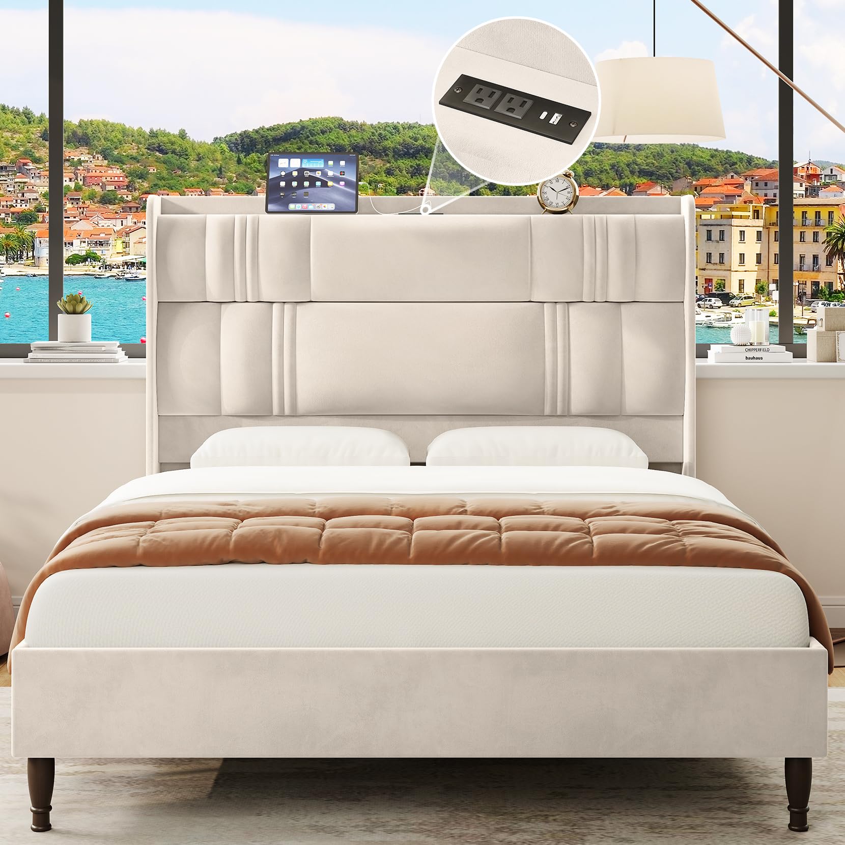 Amazon｜Welzona クイーンベッドフレーム 高さ52インチの布張りの