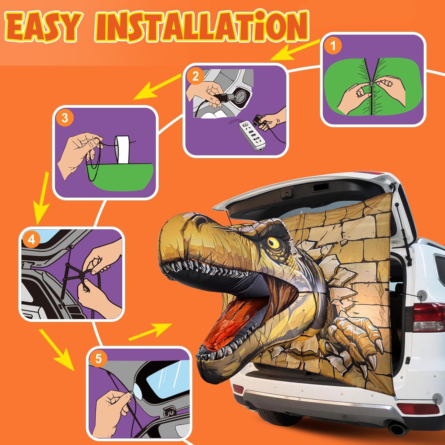 2025 Halloween Trunk or Treat Car Decorations, T-Rex Theme Halloween Car Inflatable Decor, Built-in LED Lights & Candy Pocket for Outdoor Trunk Parties & Events