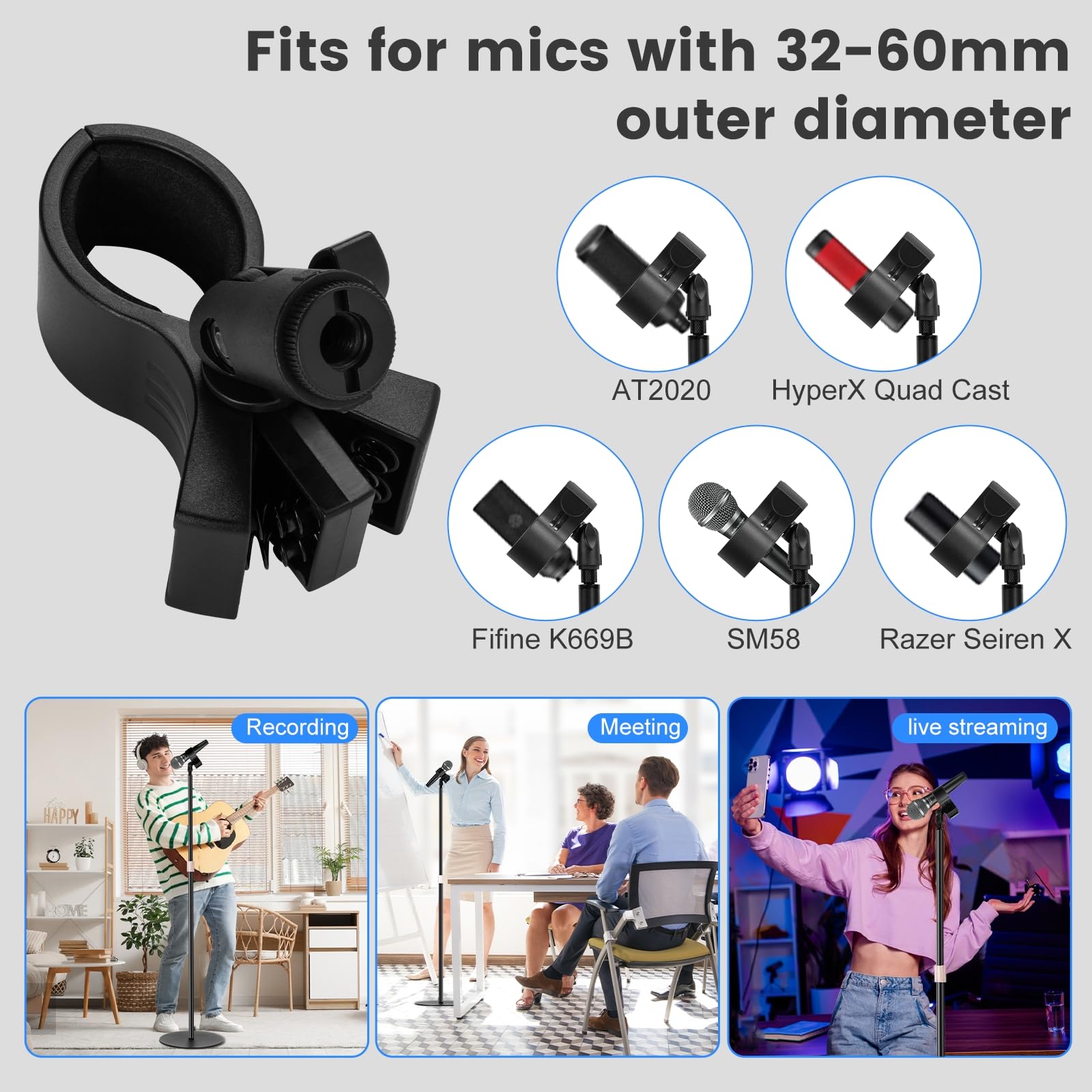 Soporte de piso para micrófono, soporte telescópico de 160 cm para micrófono HyperX Razer Fifine Blue Yeti con clip de micrófono, rosca de 1/4 y adaptador de 3/8 5/8, filtro pop y clips de cable para