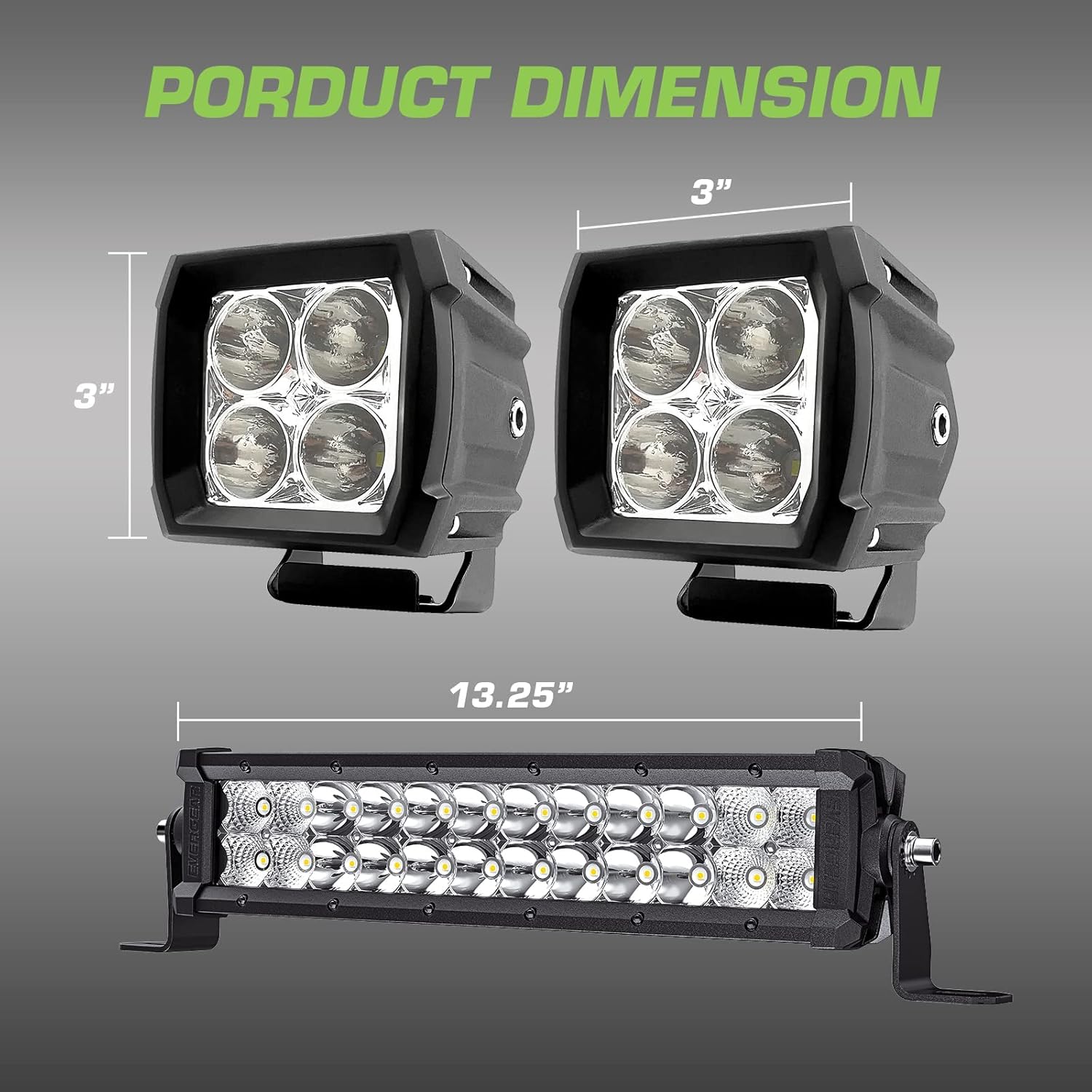 Dimensions of the EVERGEAR 14-inch light bar and 3-inch pod lights