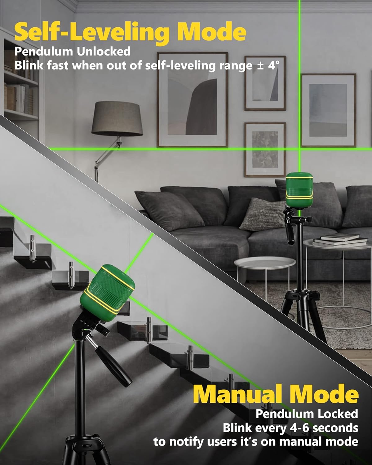 APEXFORGE X1C Laser Level demonstrating self-leveling and manual modes