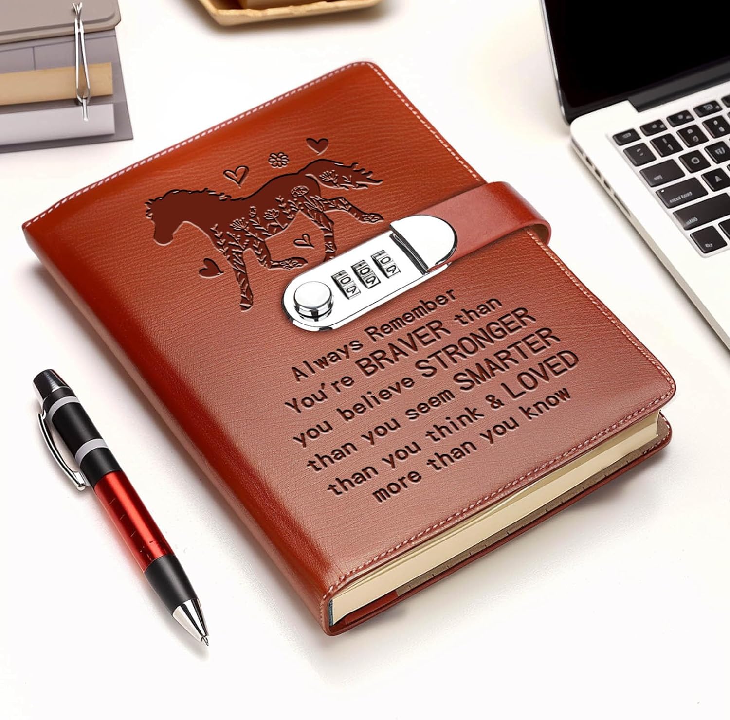 Horse Gifts Leather Combination Lock Notebook for Women Girls Always Remember You’re Braver Than You Believe Leather Combination Lock Notebook Inspirational Gift Horse Lover Gifts (always remember)