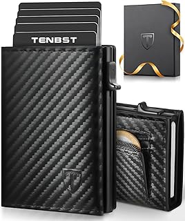 TENBST Porte Carte | Portefeuille en Cuir Carbone Bloquant RFID | Etui Carte Bancaire Anti Piratage | Porte Monnaie avec Billets et Poche | Cadeau - Noir