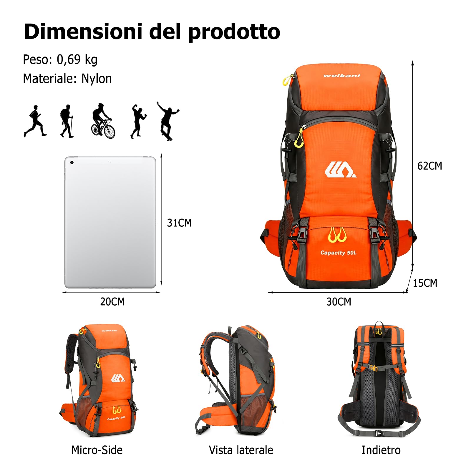 Zaino da Trekking 50L Zaino da Giorno Idrorepellente in Nylon Zaini Campeggio con Cinghie Riflettenti Vani Multipli Backpack Viaggio Arancione