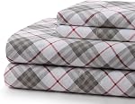 Marina Decoration 600 Thread Count Home Bedding Bedroom Soft Bedsheet Deep Pocket Hotel Standard Percale All Season 4 Pieces Printed Cotton Sheet Set, Grey White Tartan Pattern Double/Full Size