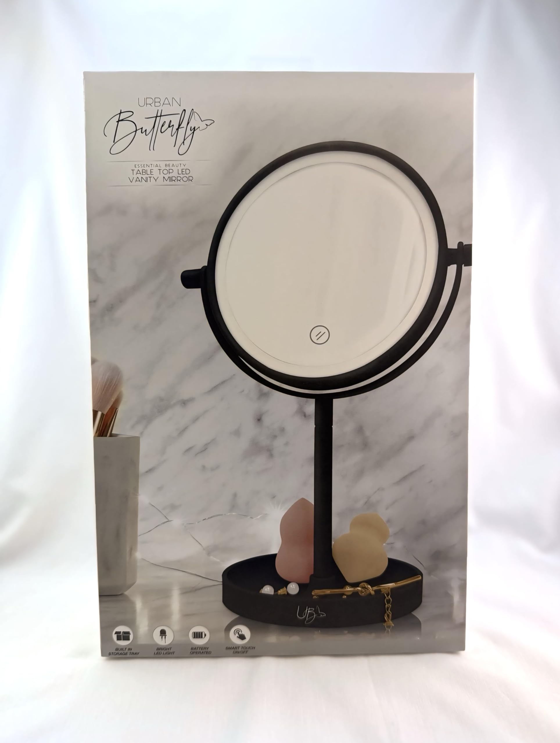 Espejo de mesa con luz LED Urban Butterfly y bandeja organizadora para cosméticos