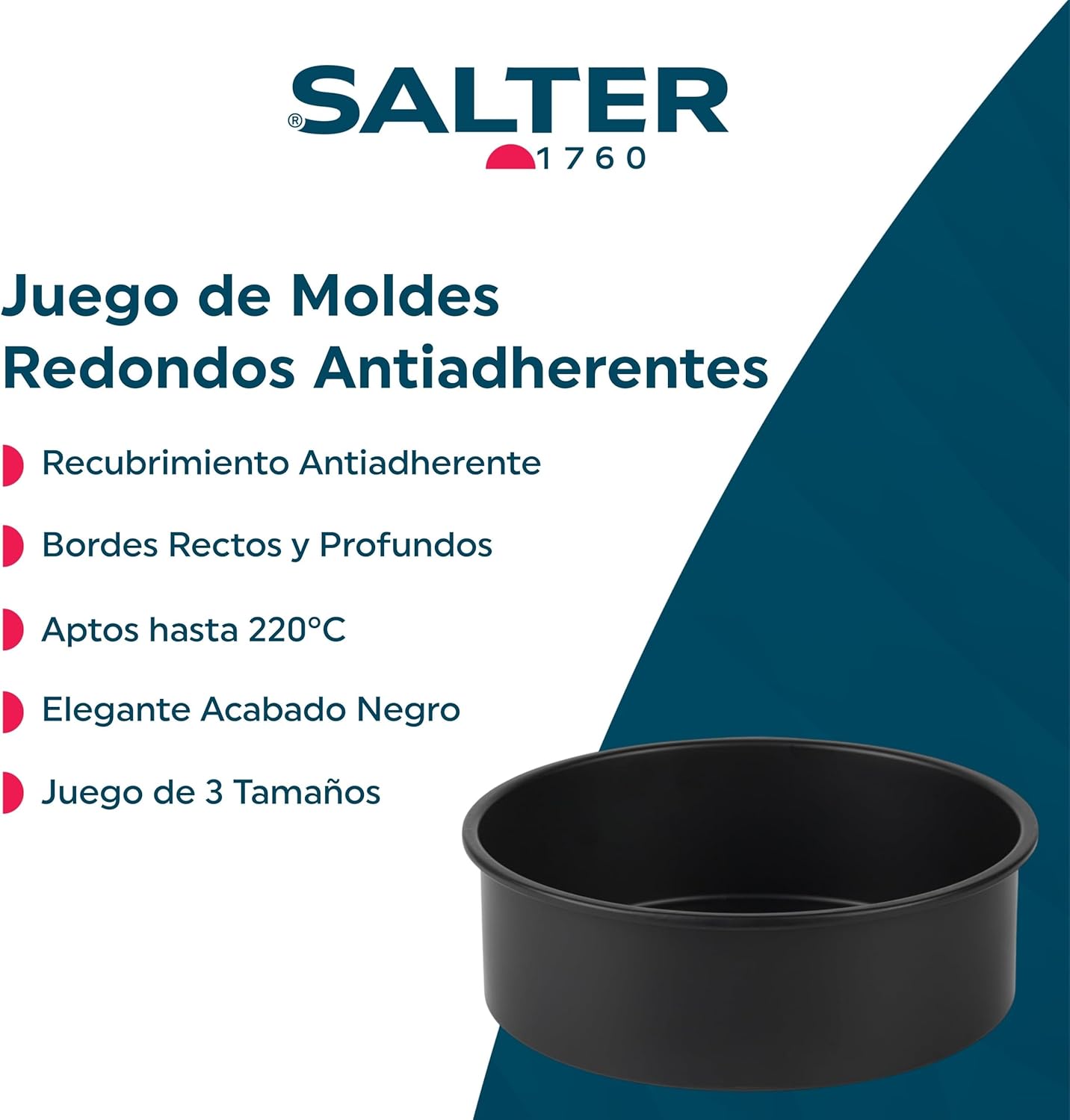 Salter Bakes Cake Tin Set – 3-Piece Round Pans, Non-Stick Baking Tins, Oven Safe Up to 220°C, Cake Moulds, PFOA-Free, Deep Straight Sides, 12/16/21 cm, Sponge/Wedding/Birthday Cakes, Black