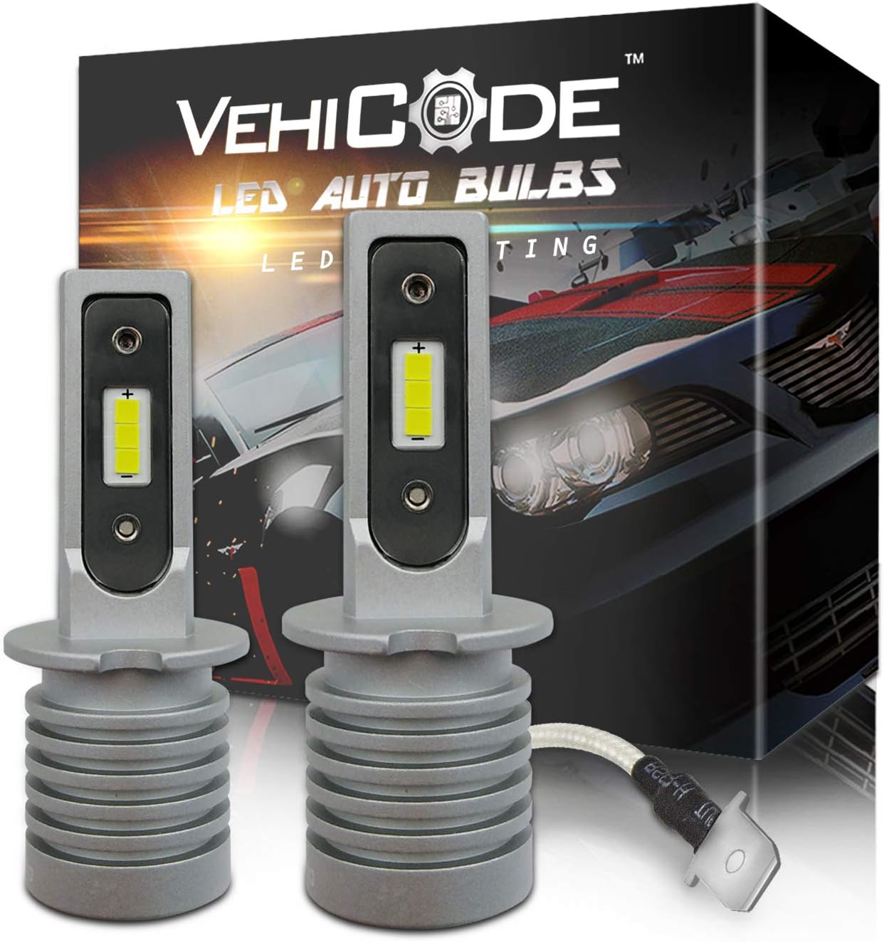 VehiCode H3 LED Headlight Bulbs Slim Conversion Kit (Fog Light Bulb) - High Power 6-CSP 2121 LED - 5500lms 6000K White Projector High/Low Beam Plug-N-Play Fanless Car Motorcycle Replacement (2 Pack)