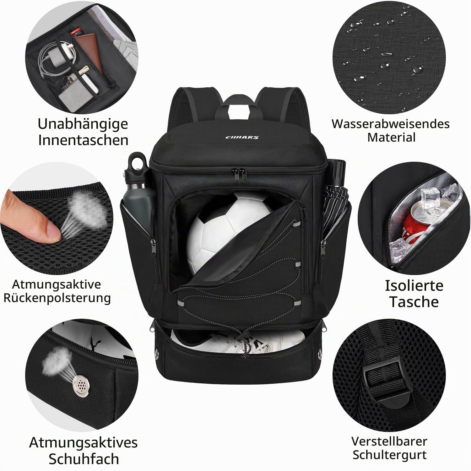 Fußball-Rucksack, Fußballtasche mit Ballhalter, inklusive separatem Schuh- und Ballfach, Sportausrüstungstaschen, passend für Basketball, Volleyball, Fußball