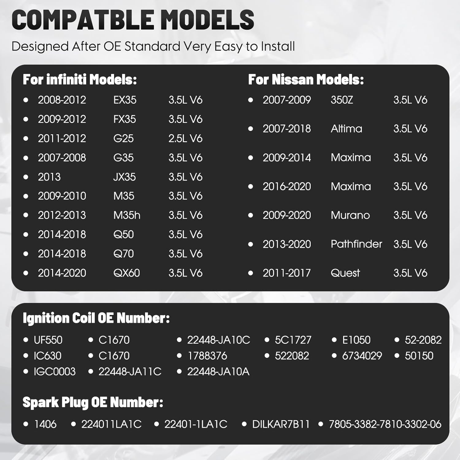 Coil Packs and Spark Plugs Kit - 6 PCS Iridium Ignition Coils Set UF550 & C1406 Compatible with Nissan Pathfinder Altima Maxima Murano Q50 QX60 / Infiniti Q50 QX70 FX35 G37 370Z Q70, 3.5L V6 Engine
