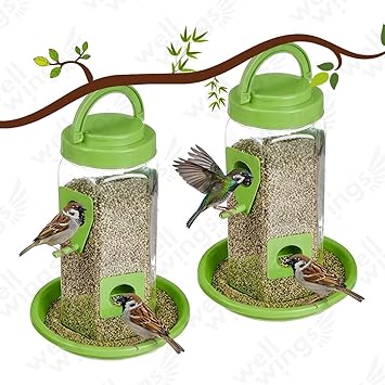 Outdoor Hanging Bird Feeder – Clear Seed Dispenser with Green Accents | Weatherproof for Garden Backyard