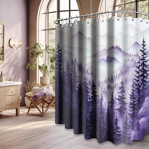 Miniatura 79 de Cortina de ducha azul marino de bosque Cortina de ducha azul oscuro de montaña y naturaleza para decoración de baño de hombres, tela impermeable con
