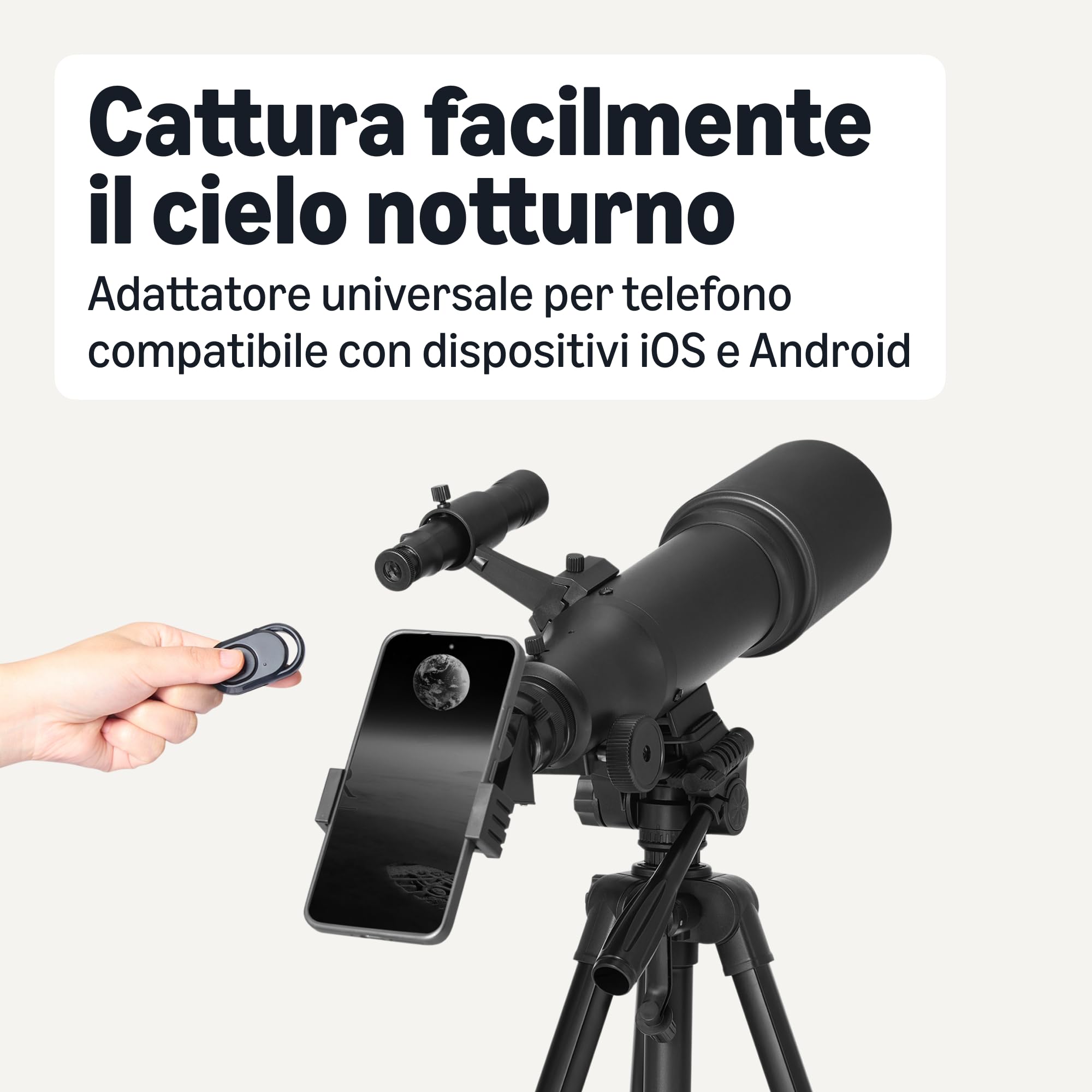 Amazon Basics Telescopio, Apertura 70 mm, Montatura Altazimutale da 400 mm, Portatile con Treppiede, Supporto per Telefono, Borsa, Nero