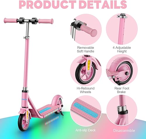 Miniatura 7 de Scooter eléctrico para niños de 6 a 12 años, luces LED coloridas, hasta 9.3 MPH y 7.5 millas, scooter eléctrico plegable de 150 W para niños con