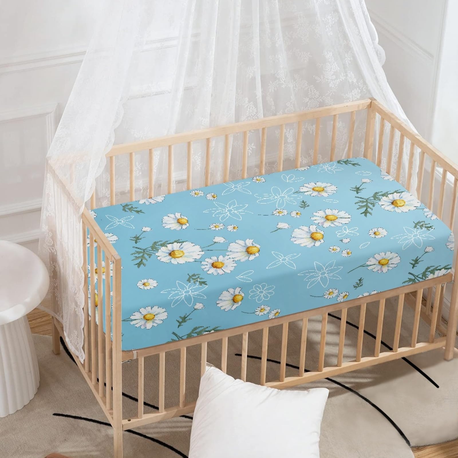 Odot Cot Bed Fitted Sheets 130x70cm, Daisy Pattern Cot Bed Sheet Fitted Sheets for Cribs Baby Bed Sheets Soft Bassinet Sheets Cot Bed Mattress Protector for Boy Girl (Daisy)