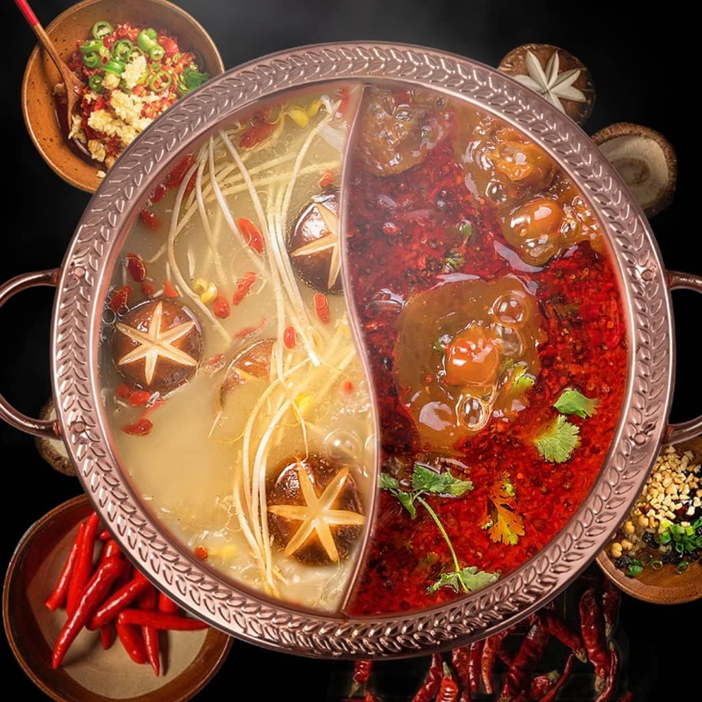 Premium Copper Fondue Pot - 38cm Induct & Gas Catible Hot Pot - Thick Flat-Bottomed Mandarin Duck Design for Commercial & Home Use, Perfect for Parties & Gatherings.
