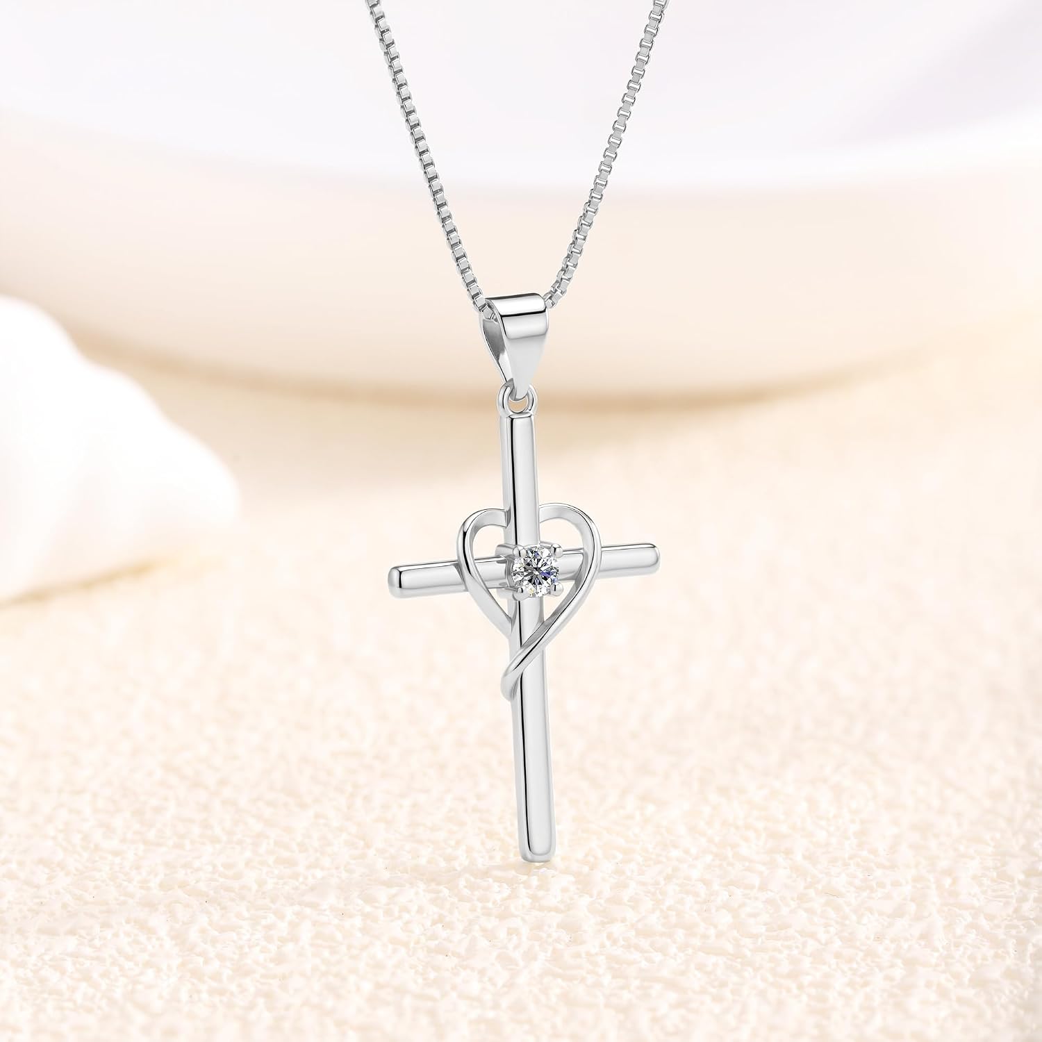Cross Heart Necklace for Women, 18K Gold Plated Crystal Heart Cross Pendant Necklace with 16" Dainty Box Chain, Hypoallergenic Christian Religious Jewelry Gift for Her
