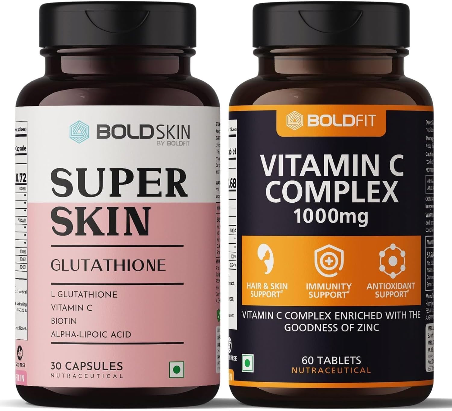 Boldfit L-Glutathione & Vitamin C Supplement Combo Pack With Zinc, Amla, Grape Extract, Vitamin E & Biotin For Skin, Immunity & Wellness Support - 90 Count