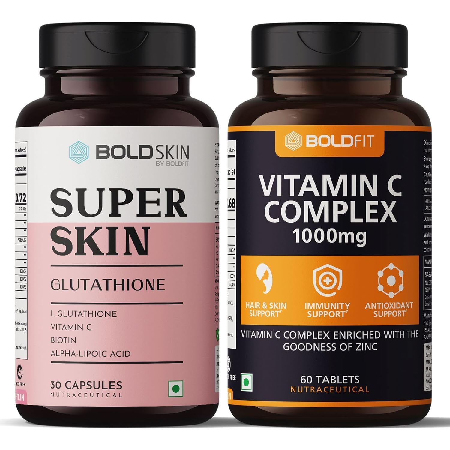 Boldfit L-Glutathione & Vitamin C Supplement Combo Pack With Zinc, Amla, Grape Extract, Vitamin E & Biotin For Skin, Immunity & Wellness Support - 90 Count